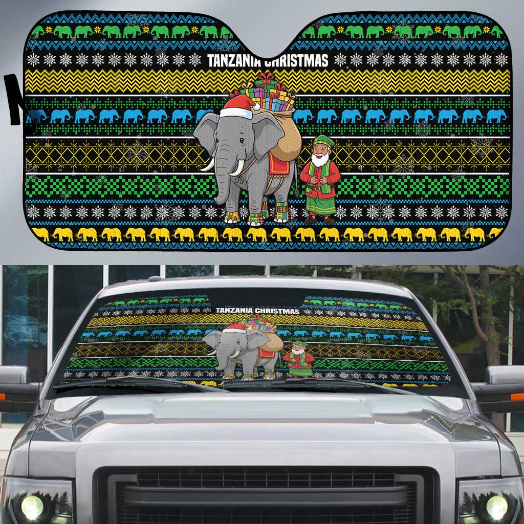 Tanzania Christmas Auto Sun Shade with Santa Riding Elephant Snowflakes and Colorful African - Wonder Print Shop