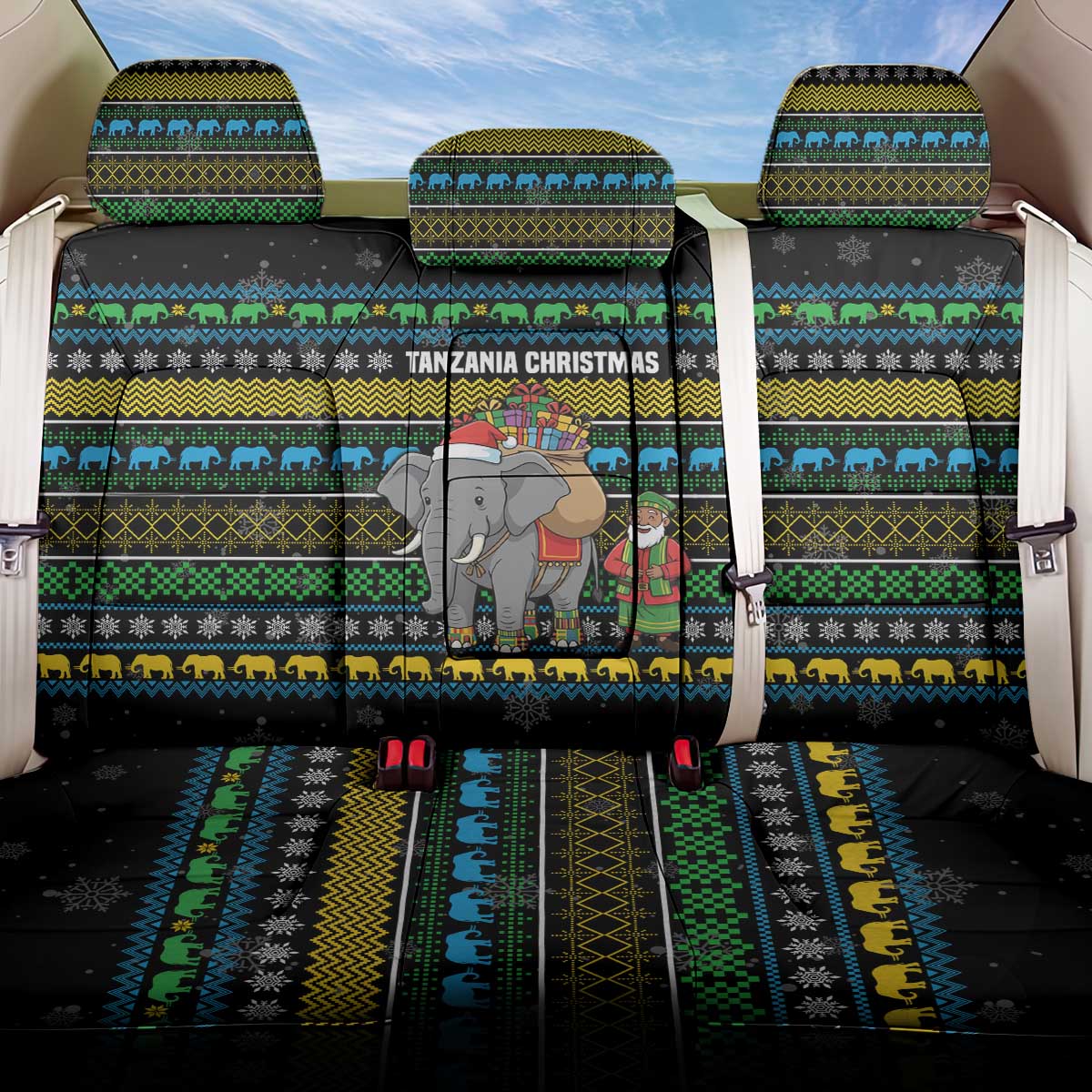 Tanzania Christmas Back Car Seat Cover with Santa Riding Elephant Snowflakes and Colorful African - Wonder Print Shop