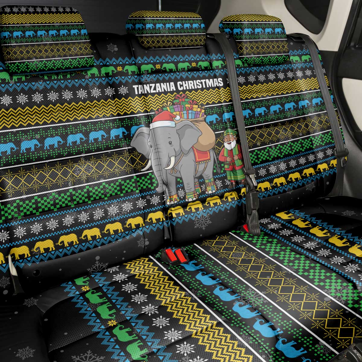 Tanzania Christmas Back Car Seat Cover with Santa Riding Elephant Snowflakes and Colorful African - Wonder Print Shop