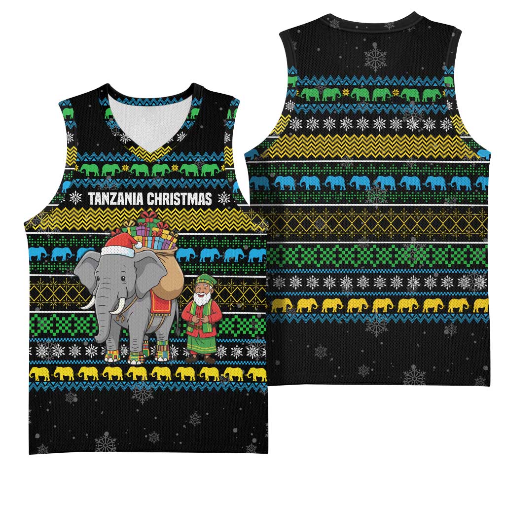 Tanzania Christmas Basketball Jersey with Santa Riding Elephant Snowflakes and Colorful African - Wonder Print Shop