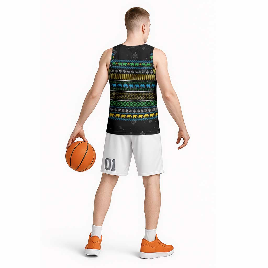 Tanzania Christmas Basketball Jersey with Santa Riding Elephant Snowflakes and Colorful African - Wonder Print Shop