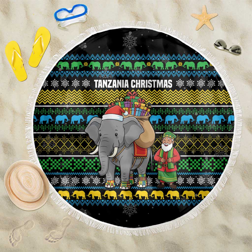 Tanzania Christmas Beach Blanket with Santa Riding Elephant Snowflakes and Colorful African - Wonder Print Shop