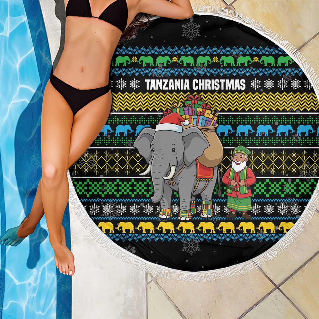 Tanzania Christmas Beach Blanket with Santa Riding Elephant Snowflakes and Colorful African - Wonder Print Shop