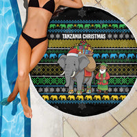 Tanzania Christmas Beach Blanket with Santa Riding Elephant Snowflakes and Colorful African - Wonder Print Shop