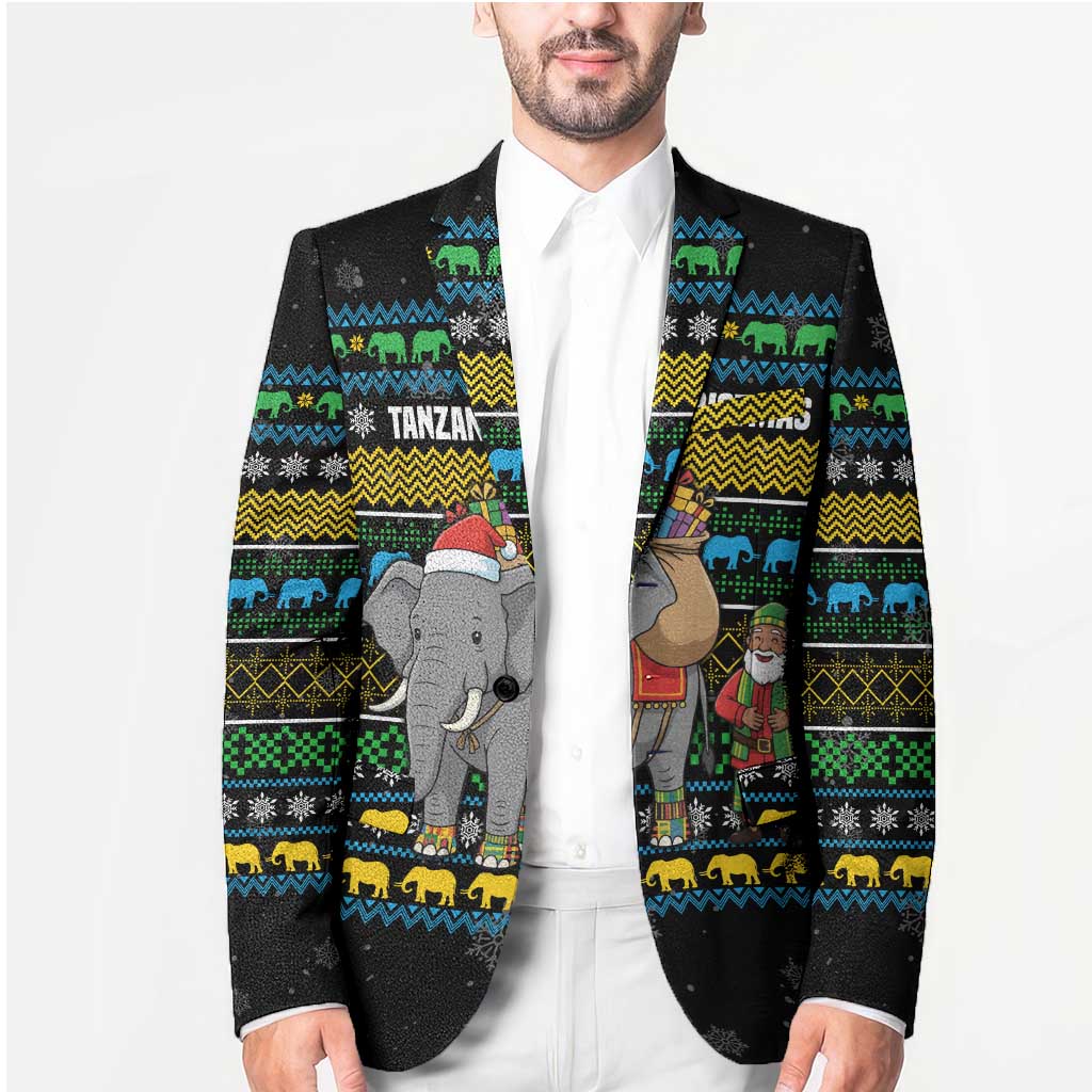 Tanzania Christmas Blazer with Santa Riding Elephant Snowflakes and Colorful African - Wonder Print Shop