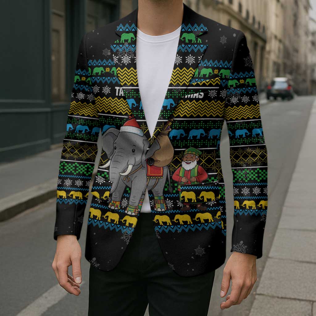 Tanzania Christmas Blazer with Santa Riding Elephant Snowflakes and Colorful African - Wonder Print Shop