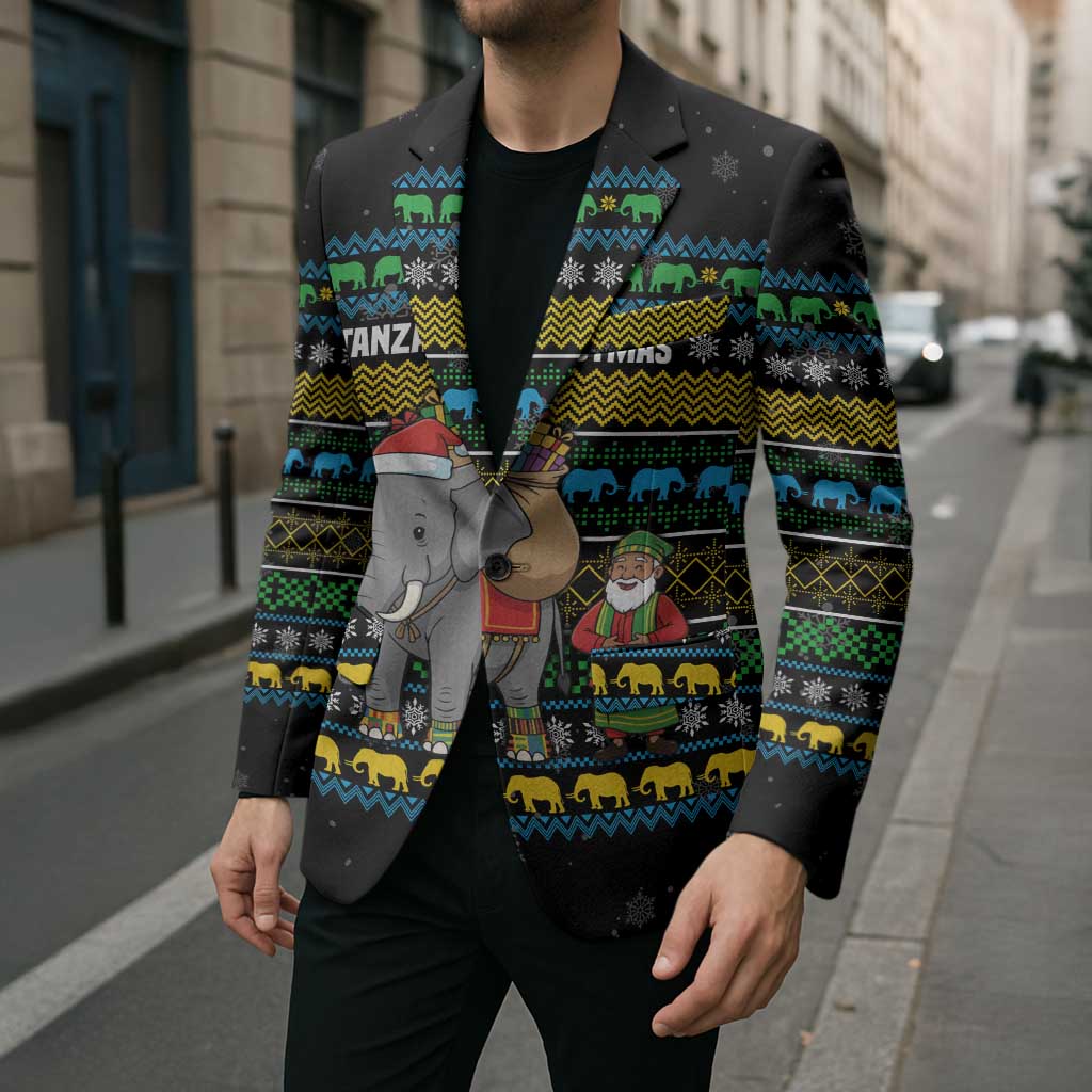 Tanzania Christmas Blazer with Santa Riding Elephant Snowflakes and Colorful African - Wonder Print Shop