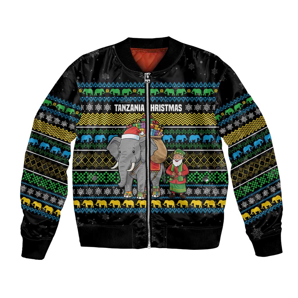 Tanzania Christmas Bomber Jacket with Santa Riding Elephant Snowflakes and Colorful African - Wonder Print Shop