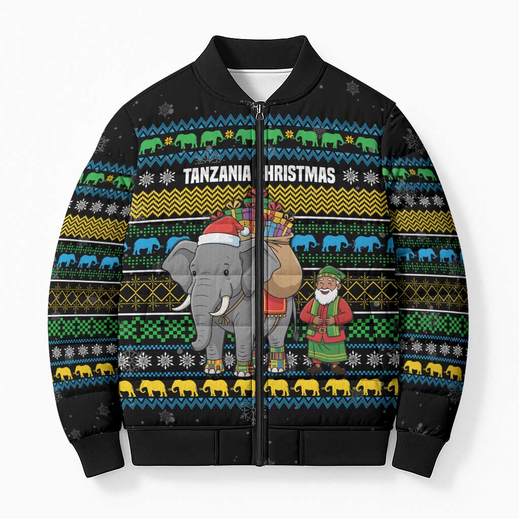 Tanzania Christmas Bomber Puffer Jacket with Santa Riding Elephant Snowflakes and Colorful African - Wonder Print Shop