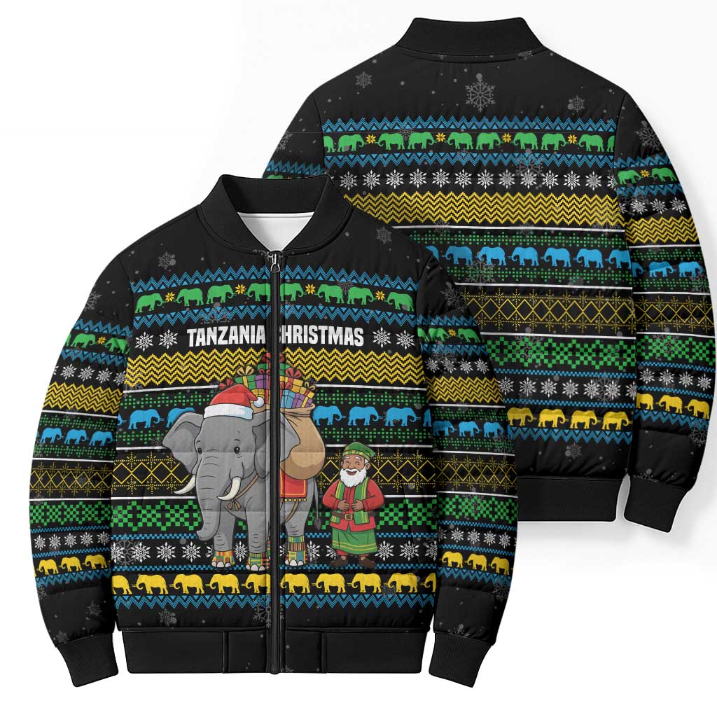 Tanzania Christmas Bomber Puffer Jacket with Santa Riding Elephant Snowflakes and Colorful African - Wonder Print Shop