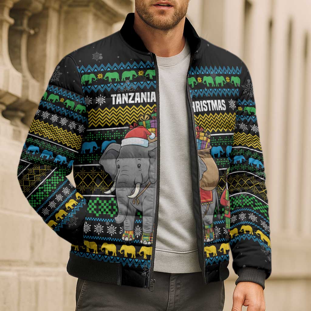 Tanzania Christmas Bomber Puffer Jacket with Santa Riding Elephant Snowflakes and Colorful African - Wonder Print Shop