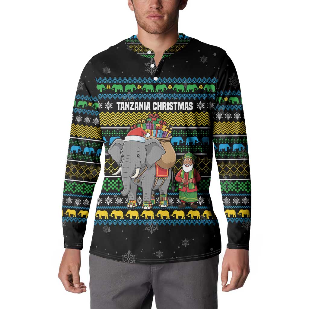 Tanzania Christmas Button Sweatshirt with Santa Riding Elephant Snowflakes and Colorful African - Wonder Print Shop