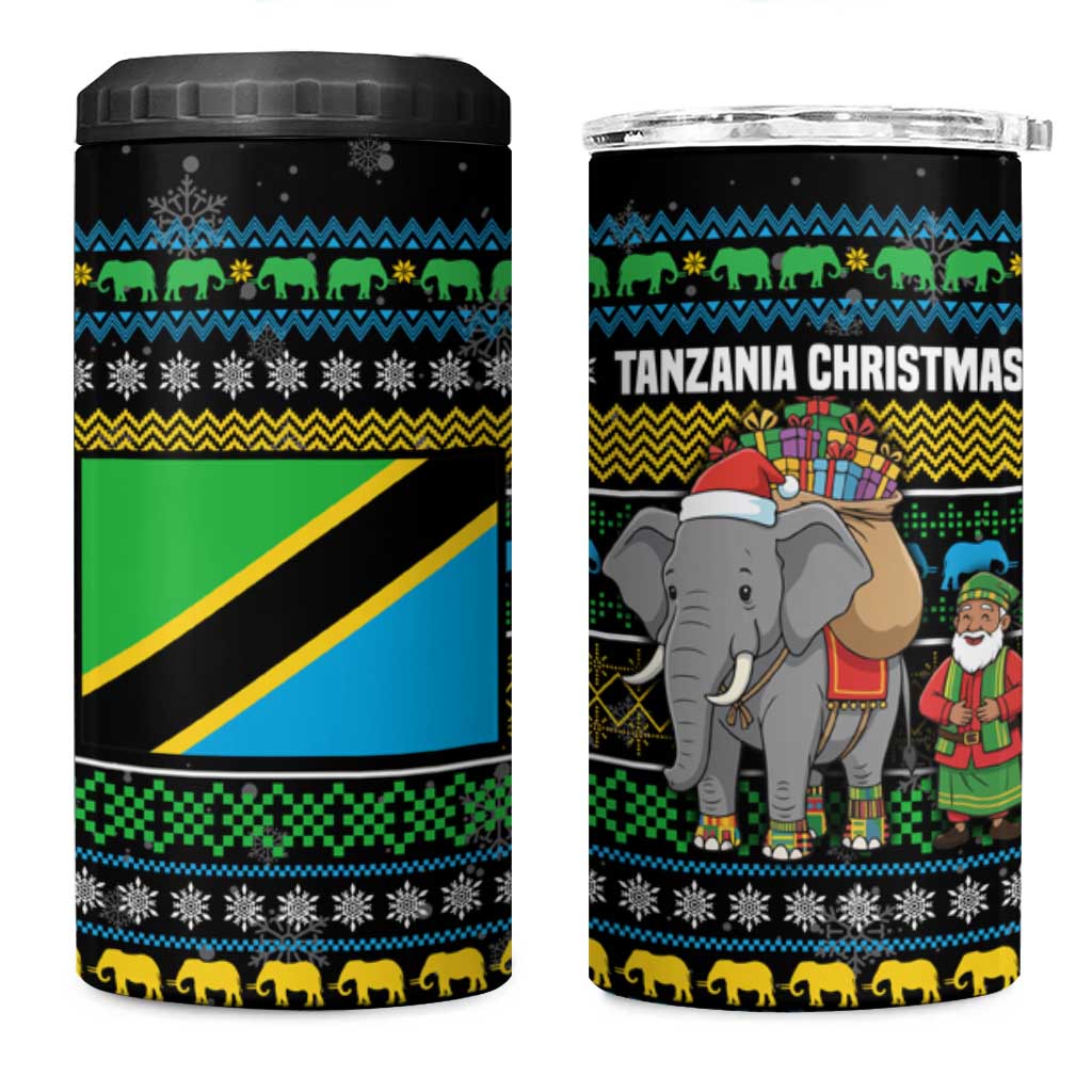 Tanzania Christmas 4 in 1 Can Cooler Tumbler with Santa Riding Elephant Snowflakes and Colorful African - Wonder Print Shop