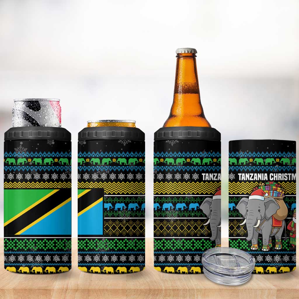 Tanzania Christmas 4 in 1 Can Cooler Tumbler with Santa Riding Elephant Snowflakes and Colorful African - Wonder Print Shop