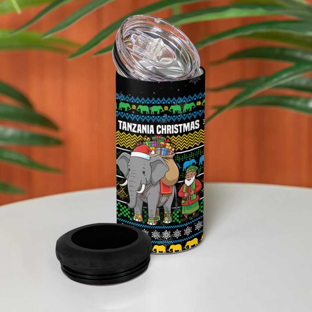 Tanzania Christmas 4 in 1 Can Cooler Tumbler with Santa Riding Elephant Snowflakes and Colorful African - Wonder Print Shop