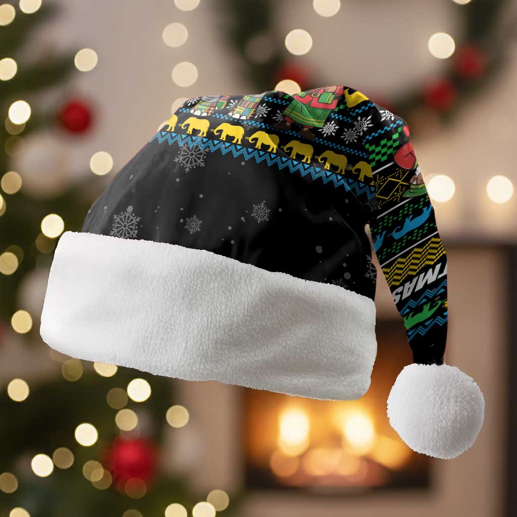 Tanzania Christmas Santa Hat with Santa Riding Elephant Snowflakes and Colorful African - Wonder Print Shop