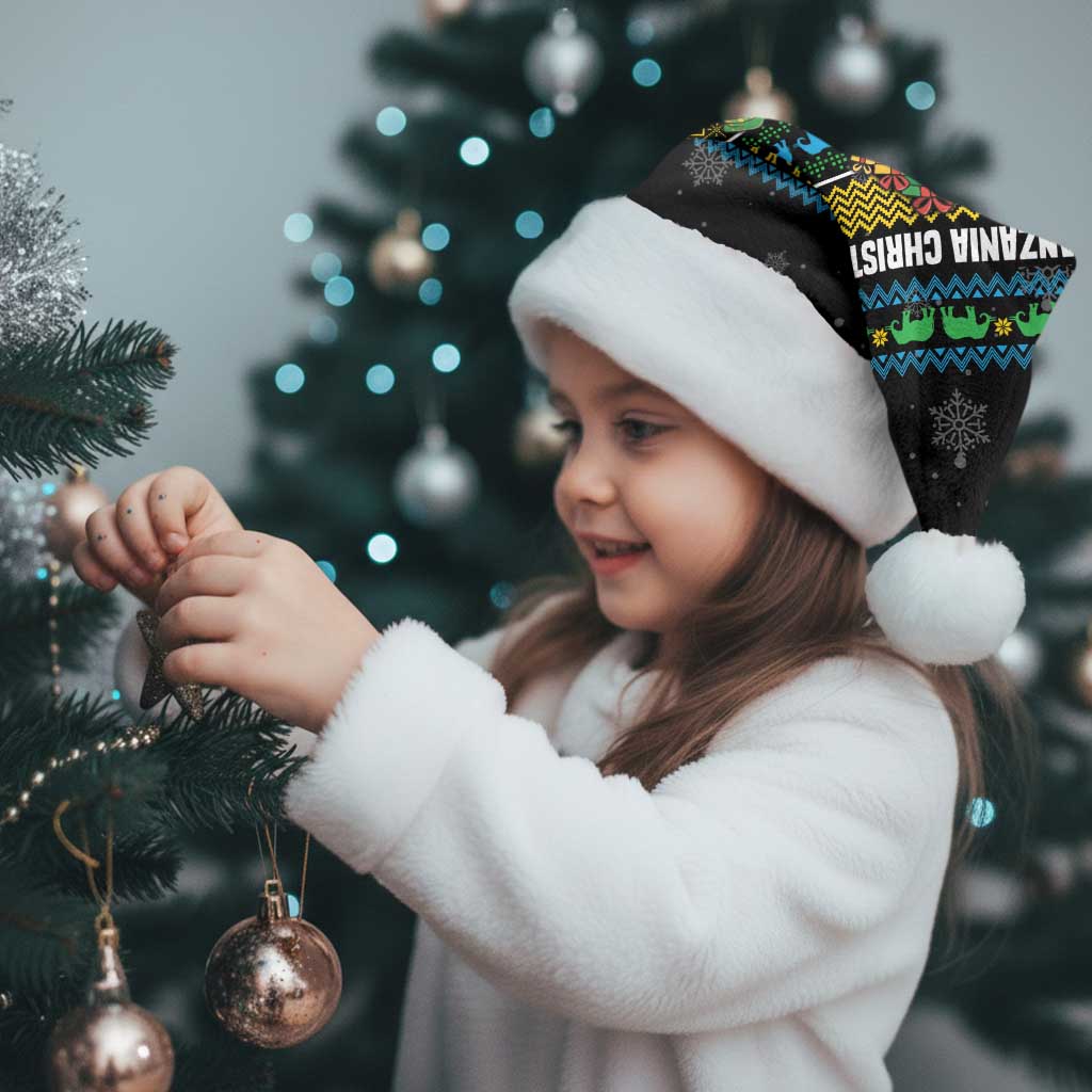 Tanzania Christmas Santa Hat with Santa Riding Elephant Snowflakes and Colorful African - Wonder Print Shop