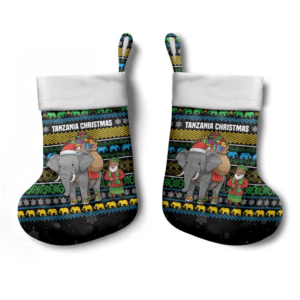 Tanzania Christmas Stocking with Santa Riding Elephant Snowflakes and Colorful African - Wonder Print Shop
