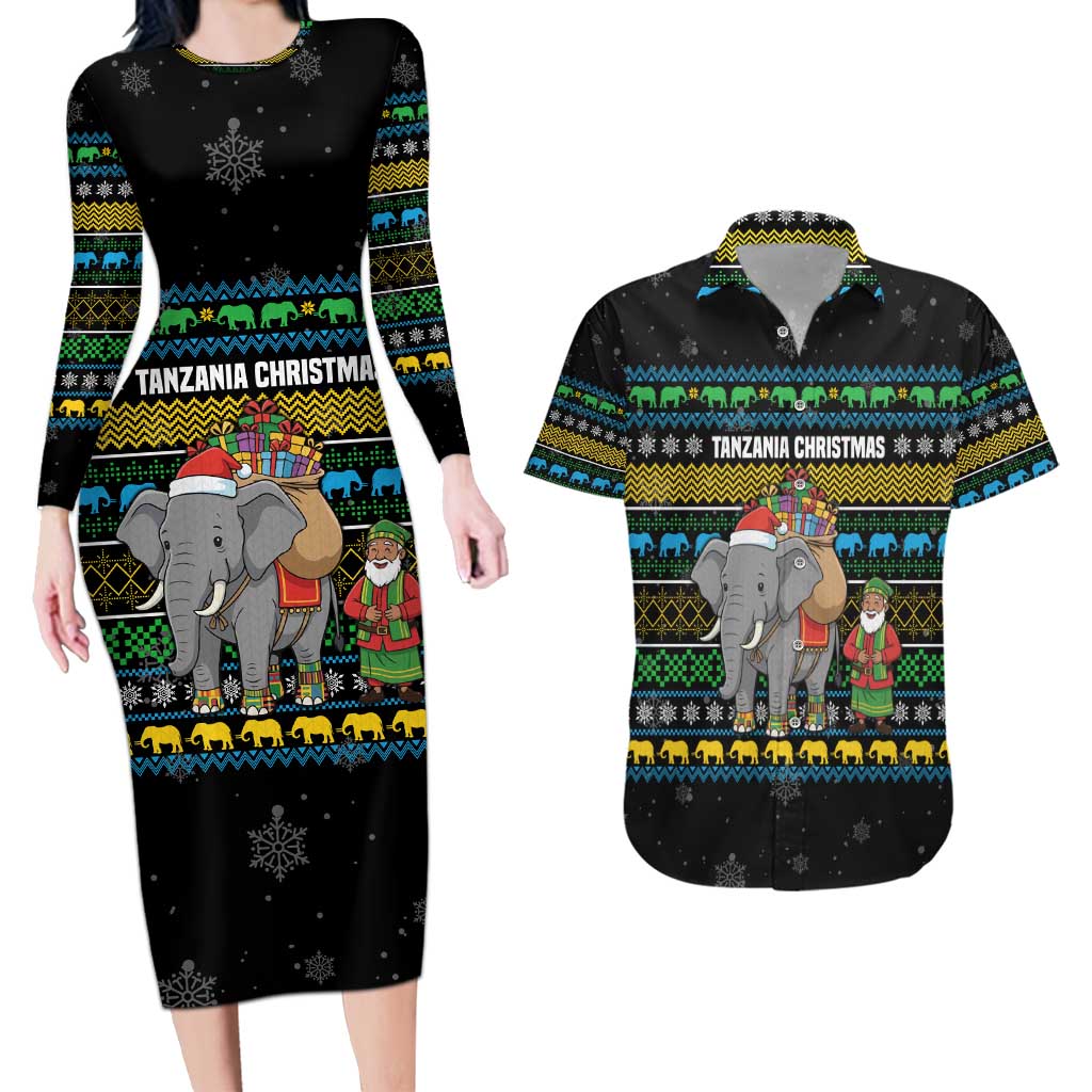 Tanzania Christmas Couples Matching Long Sleeve Bodycon Dress and Hawaiian Shirt with Santa Riding Elephant Snowflakes and Colorful African - Wonder Print Shop
