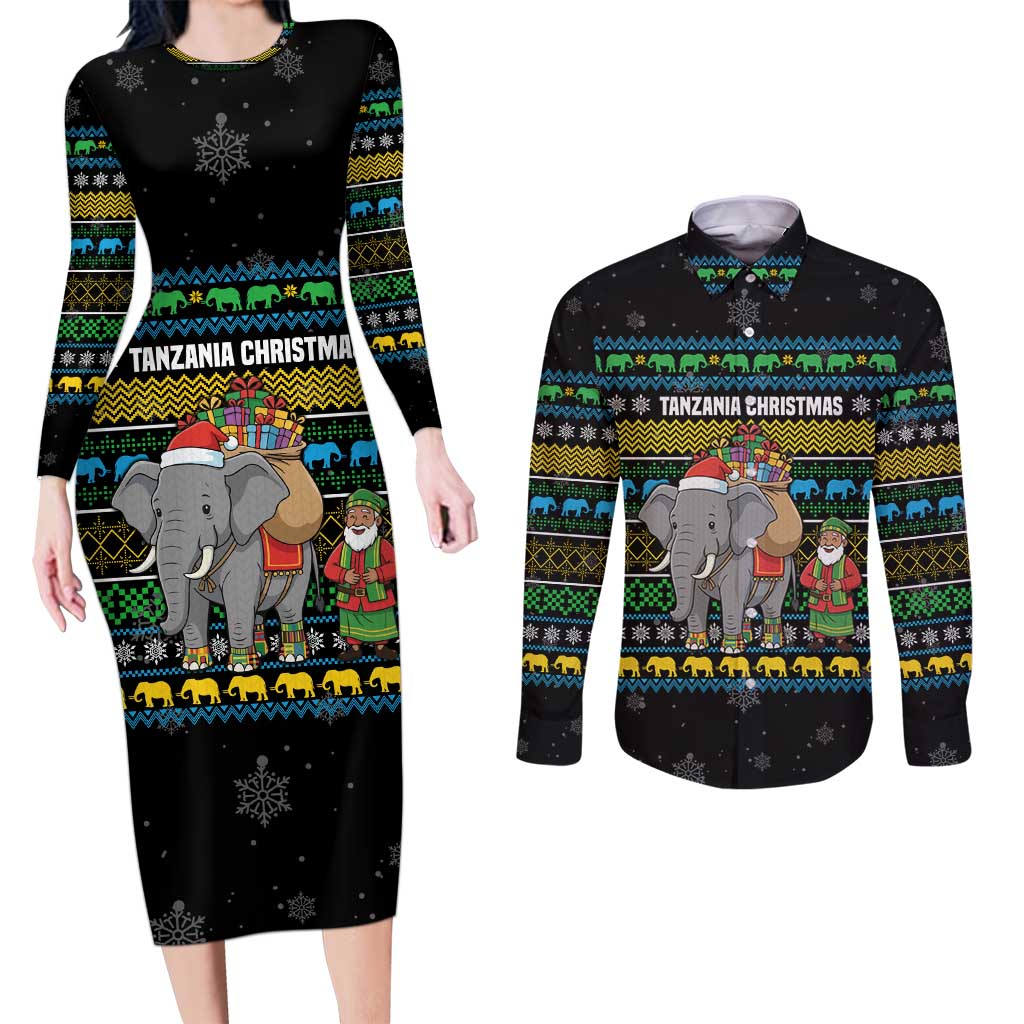 Tanzania Christmas Couples Matching Long Sleeve Bodycon Dress and Long Sleeve Button Shirt with Santa Riding Elephant Snowflakes and Colorful African - Wonder Print Shop