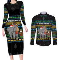 Tanzania Christmas Couples Matching Long Sleeve Bodycon Dress and Long Sleeve Button Shirt with Santa Riding Elephant Snowflakes and Colorful African - Wonder Print Shop
