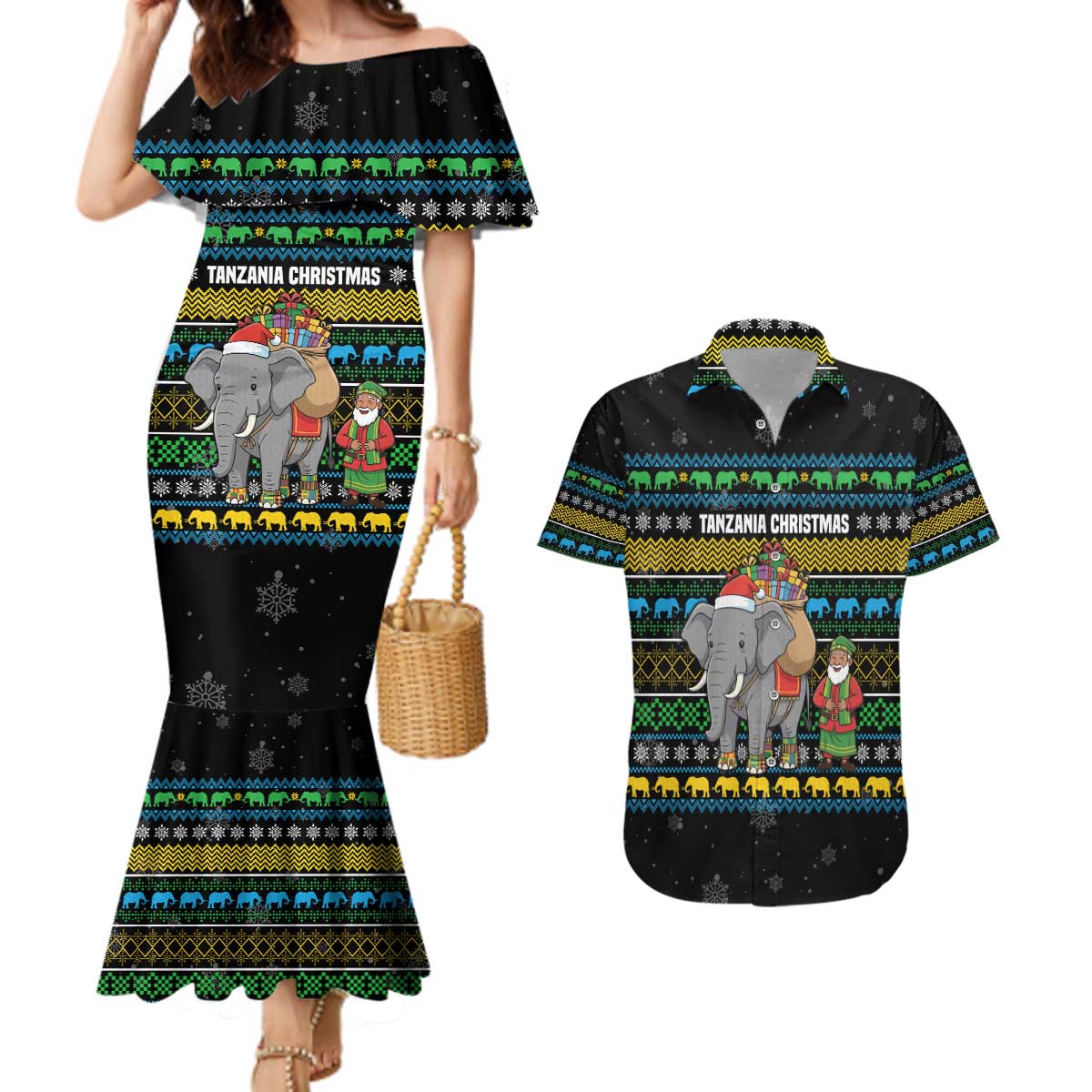 Tanzania Christmas Couples Matching Mermaid Dress and Hawaiian Shirt with Santa Riding Elephant Snowflakes and Colorful African - Wonder Print Shop