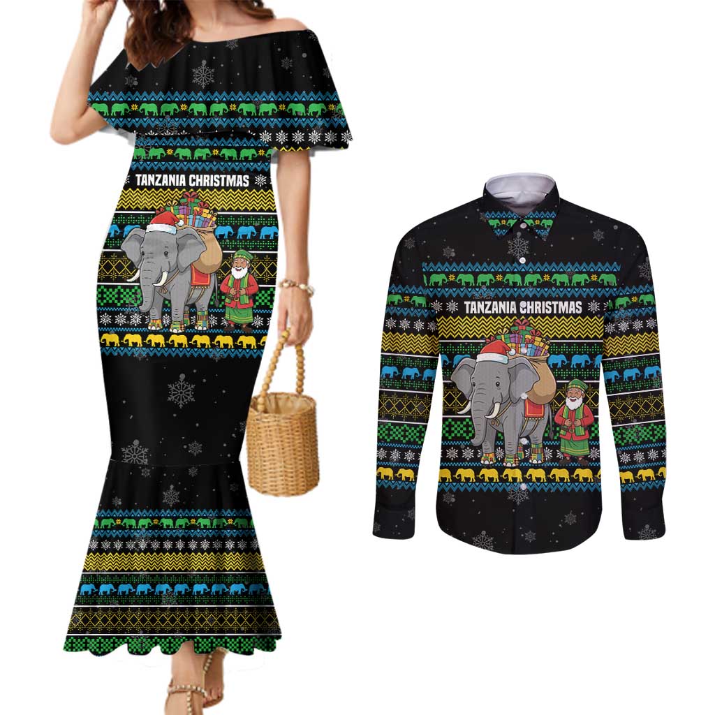 Tanzania Christmas Couples Matching Mermaid Dress and Long Sleeve Button Shirt with Santa Riding Elephant Snowflakes and Colorful African - Wonder Print Shop