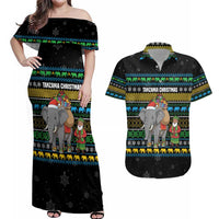Tanzania Christmas Couples Matching Off Shoulder Maxi Dress and Hawaiian Shirt with Santa Riding Elephant Snowflakes and Colorful African - Wonder Print Shop