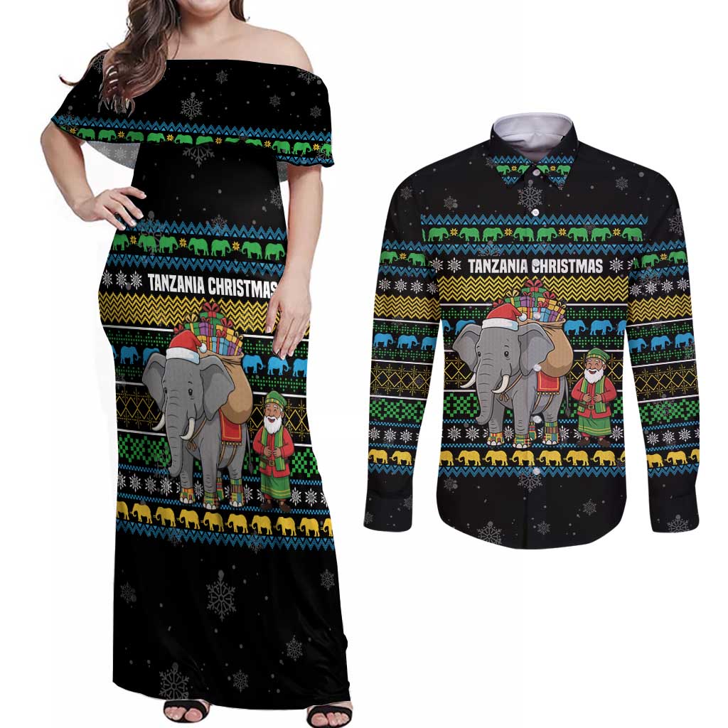 Tanzania Christmas Couples Matching Off Shoulder Maxi Dress and Long Sleeve Button Shirt with Santa Riding Elephant Snowflakes and Colorful African - Wonder Print Shop