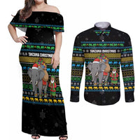 Tanzania Christmas Couples Matching Off Shoulder Maxi Dress and Long Sleeve Button Shirt with Santa Riding Elephant Snowflakes and Colorful African - Wonder Print Shop