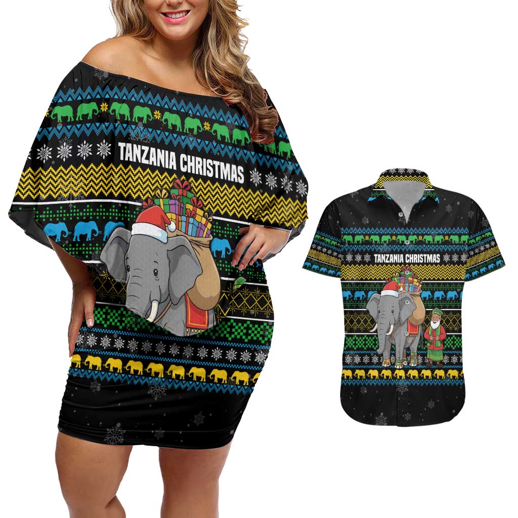 Tanzania Christmas Couples Matching Off Shoulder Short Dress and Hawaiian Shirt with Santa Riding Elephant Snowflakes and Colorful African - Wonder Print Shop