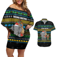 Tanzania Christmas Couples Matching Off Shoulder Short Dress and Hawaiian Shirt with Santa Riding Elephant Snowflakes and Colorful African - Wonder Print Shop