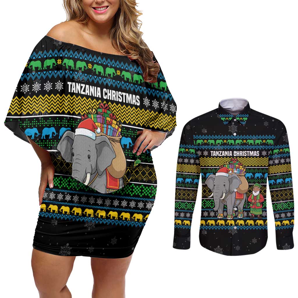 Tanzania Christmas Couples Matching Off Shoulder Short Dress and Long Sleeve Button Shirt with Santa Riding Elephant Snowflakes and Colorful African - Wonder Print Shop