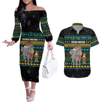 Tanzania Christmas Couples Matching Off The Shoulder Long Sleeve Dress and Hawaiian Shirt with Santa Riding Elephant Snowflakes and Colorful African - Wonder Print Shop