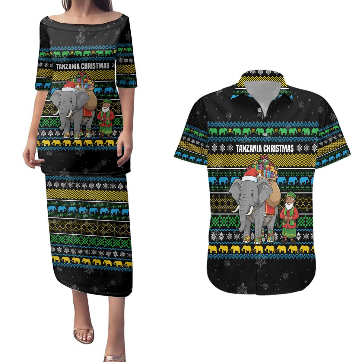 Tanzania Christmas Couples Matching Puletasi and Hawaiian Shirt with Santa Riding Elephant Snowflakes and Colorful African - Wonder Print Shop