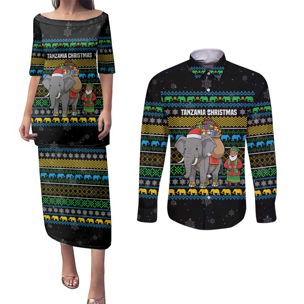 Tanzania Christmas Couples Matching Puletasi and Long Sleeve Button Shirt with Santa Riding Elephant Snowflakes and Colorful African - Wonder Print Shop
