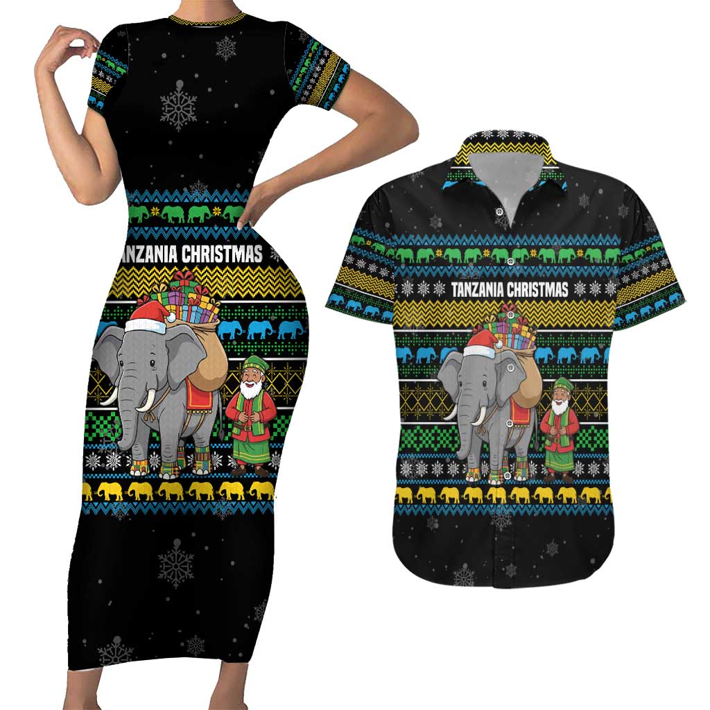Tanzania Christmas Couples Matching Short Sleeve Bodycon Dress and Hawaiian Shirt with Santa Riding Elephant Snowflakes and Colorful African - Wonder Print Shop