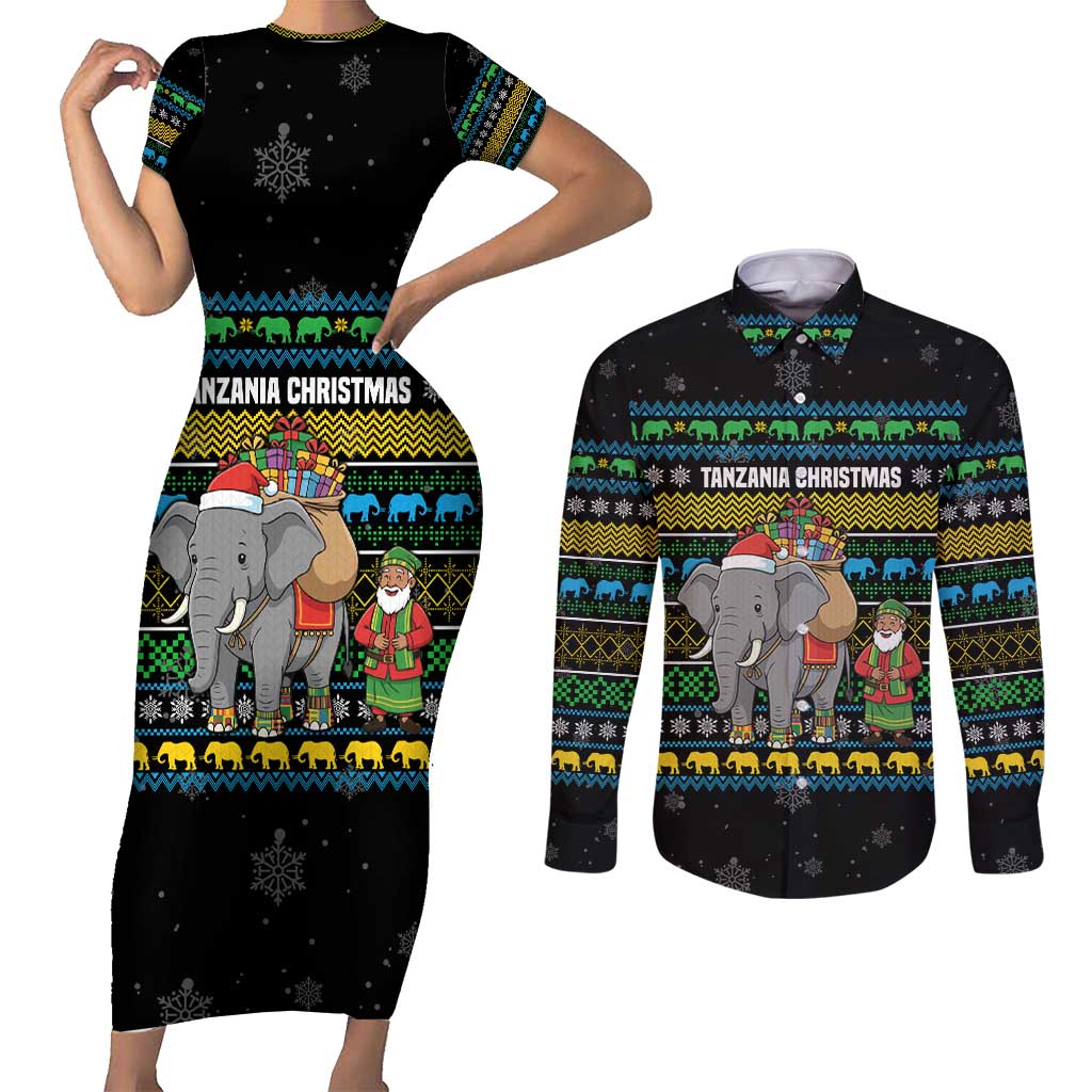 Tanzania Christmas Couples Matching Short Sleeve Bodycon Dress and Long Sleeve Button Shirt with Santa Riding Elephant Snowflakes and Colorful African - Wonder Print Shop