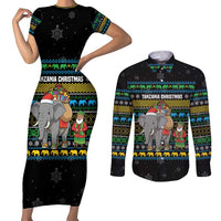 Tanzania Christmas Couples Matching Short Sleeve Bodycon Dress and Long Sleeve Button Shirt with Santa Riding Elephant Snowflakes and Colorful African - Wonder Print Shop
