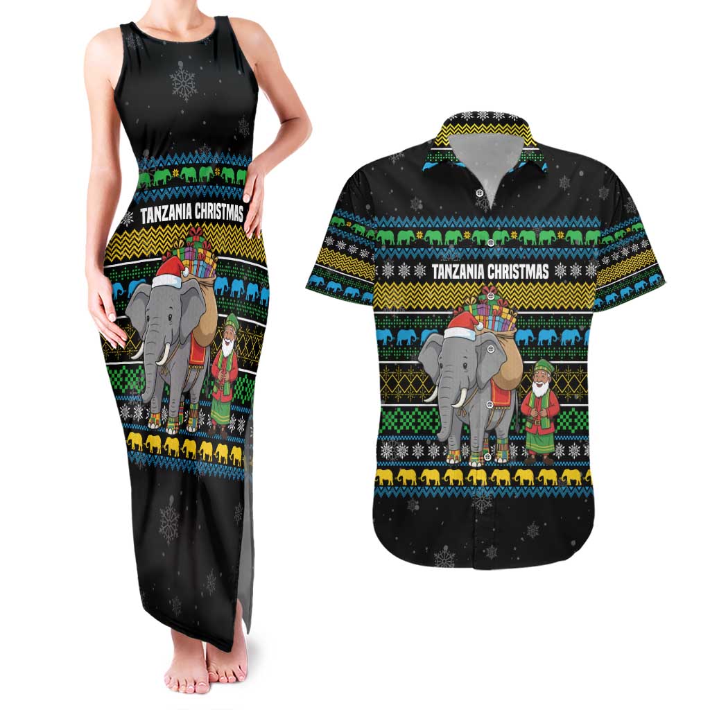 Tanzania Christmas Couples Matching Tank Maxi Dress and Hawaiian Shirt with Santa Riding Elephant Snowflakes and Colorful African - Wonder Print Shop