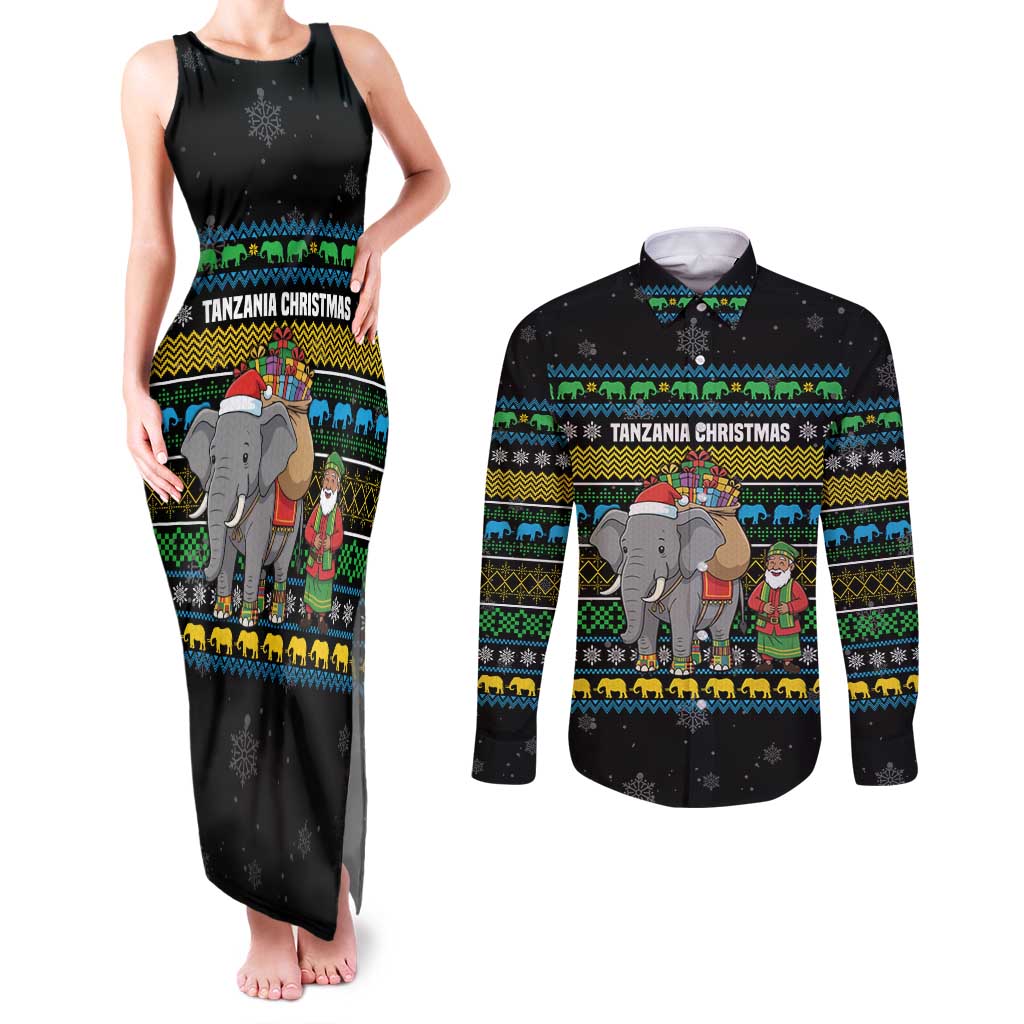 Tanzania Christmas Couples Matching Tank Maxi Dress and Long Sleeve Button Shirt with Santa Riding Elephant Snowflakes and Colorful African - Wonder Print Shop