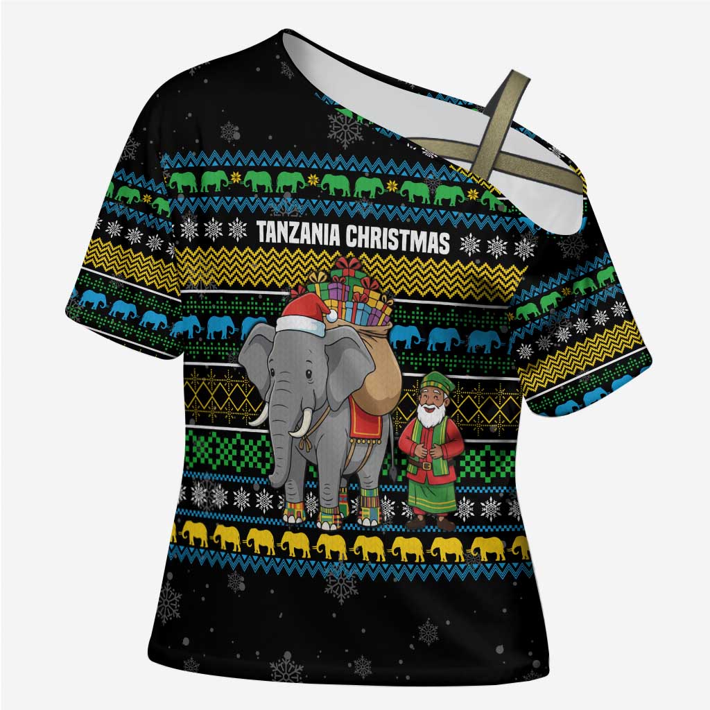 Tanzania Christmas Cross Shoulder Shirt with Santa Riding Elephant Snowflakes and Colorful African - Wonder Print Shop