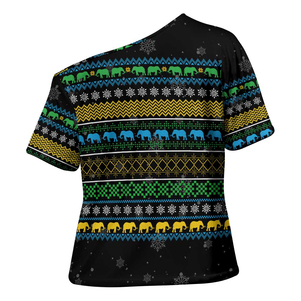 Tanzania Christmas Cross Shoulder Shirt with Santa Riding Elephant Snowflakes and Colorful African - Wonder Print Shop