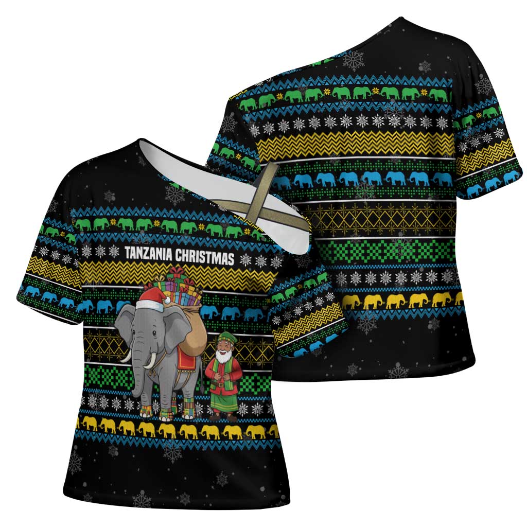 Tanzania Christmas Cross Shoulder Shirt with Santa Riding Elephant Snowflakes and Colorful African - Wonder Print Shop