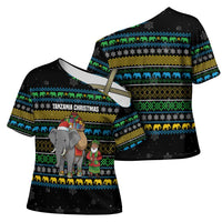 Tanzania Christmas Cross Shoulder Shirt with Santa Riding Elephant Snowflakes and Colorful African - Wonder Print Shop