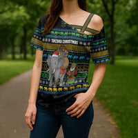 Tanzania Christmas Cross Shoulder Shirt with Santa Riding Elephant Snowflakes and Colorful African - Wonder Print Shop