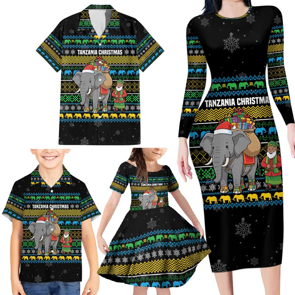 Tanzania Christmas Family Matching Long Sleeve Bodycon Dress and Hawaiian Shirt with Santa Riding Elephant Snowflakes and Colorful African - Wonder Print Shop
