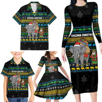 Tanzania Christmas Family Matching Long Sleeve Bodycon Dress and Hawaiian Shirt with Santa Riding Elephant Snowflakes and Colorful African - Wonder Print Shop