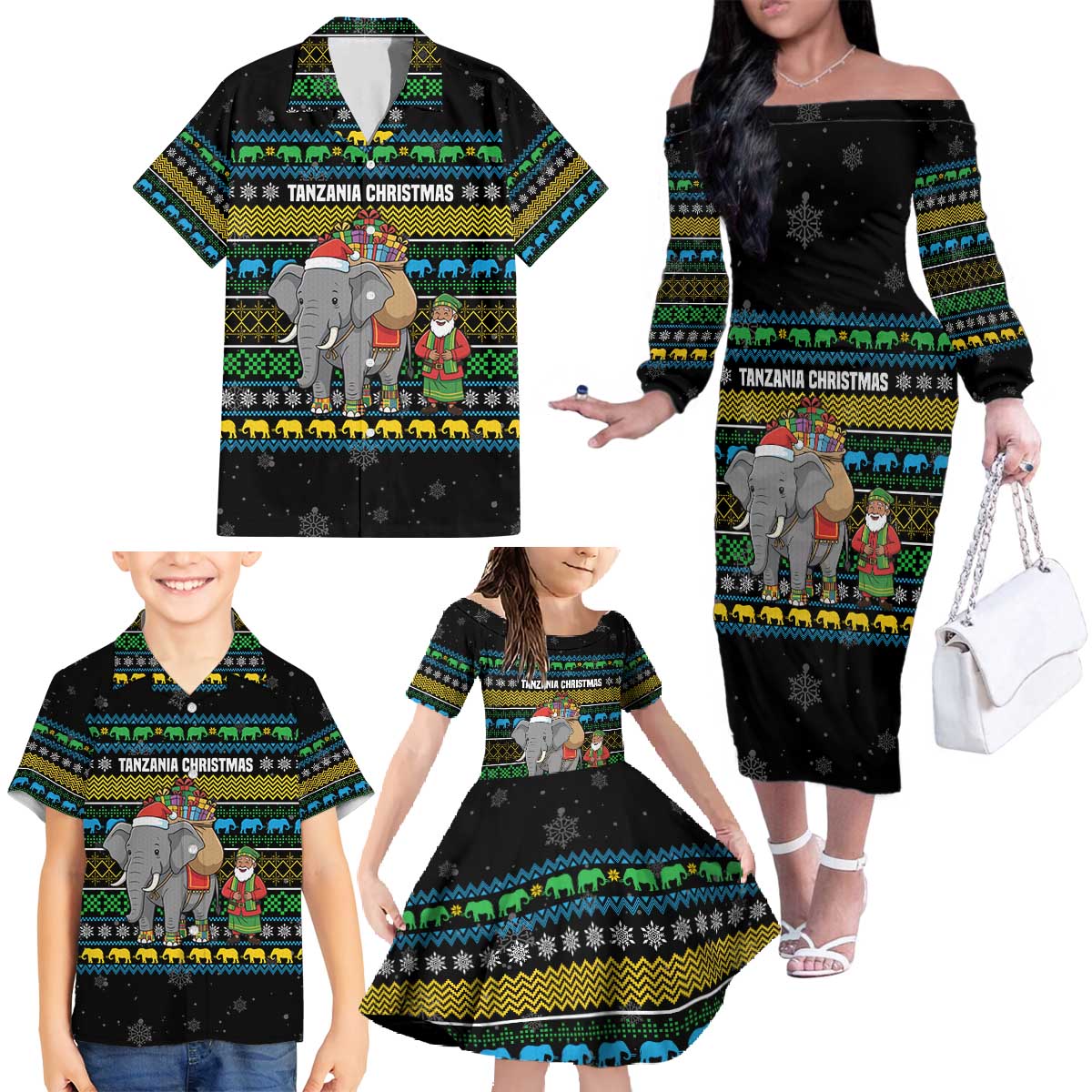 Tanzania Christmas Family Matching Off The Shoulder Long Sleeve Dress and Hawaiian Shirt with Santa Riding Elephant Snowflakes and Colorful African - Wonder Print Shop