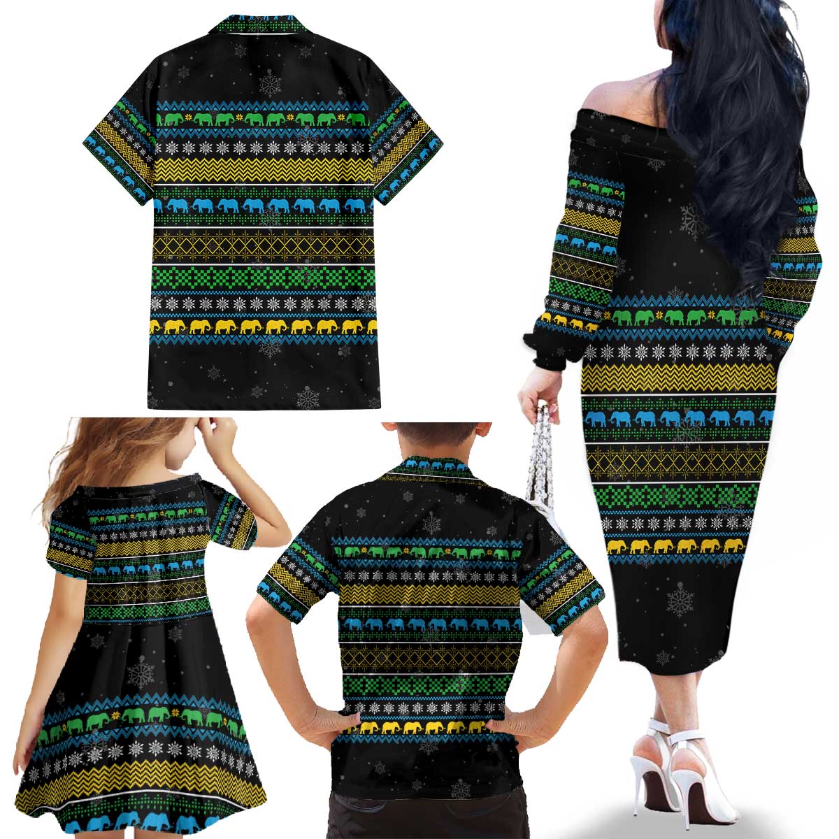 Tanzania Christmas Family Matching Off The Shoulder Long Sleeve Dress and Hawaiian Shirt with Santa Riding Elephant Snowflakes and Colorful African - Wonder Print Shop